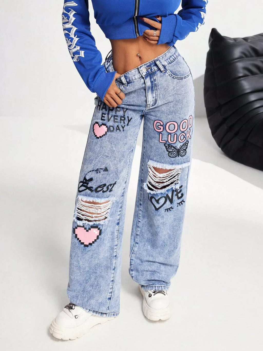 Graffiti Print Ripped Wide Leg Jeans