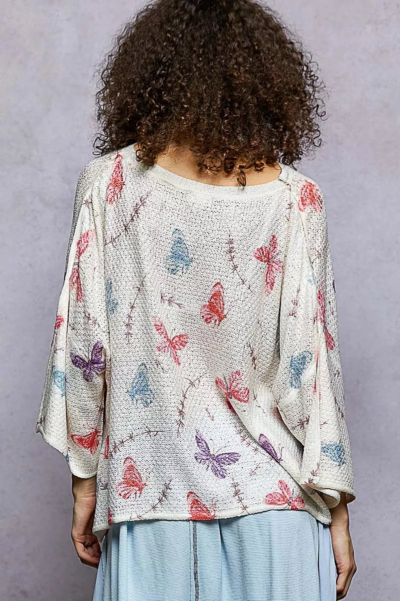 POL Butterflies Pattern Round Neck knit Top with Outseam Rolling Edge