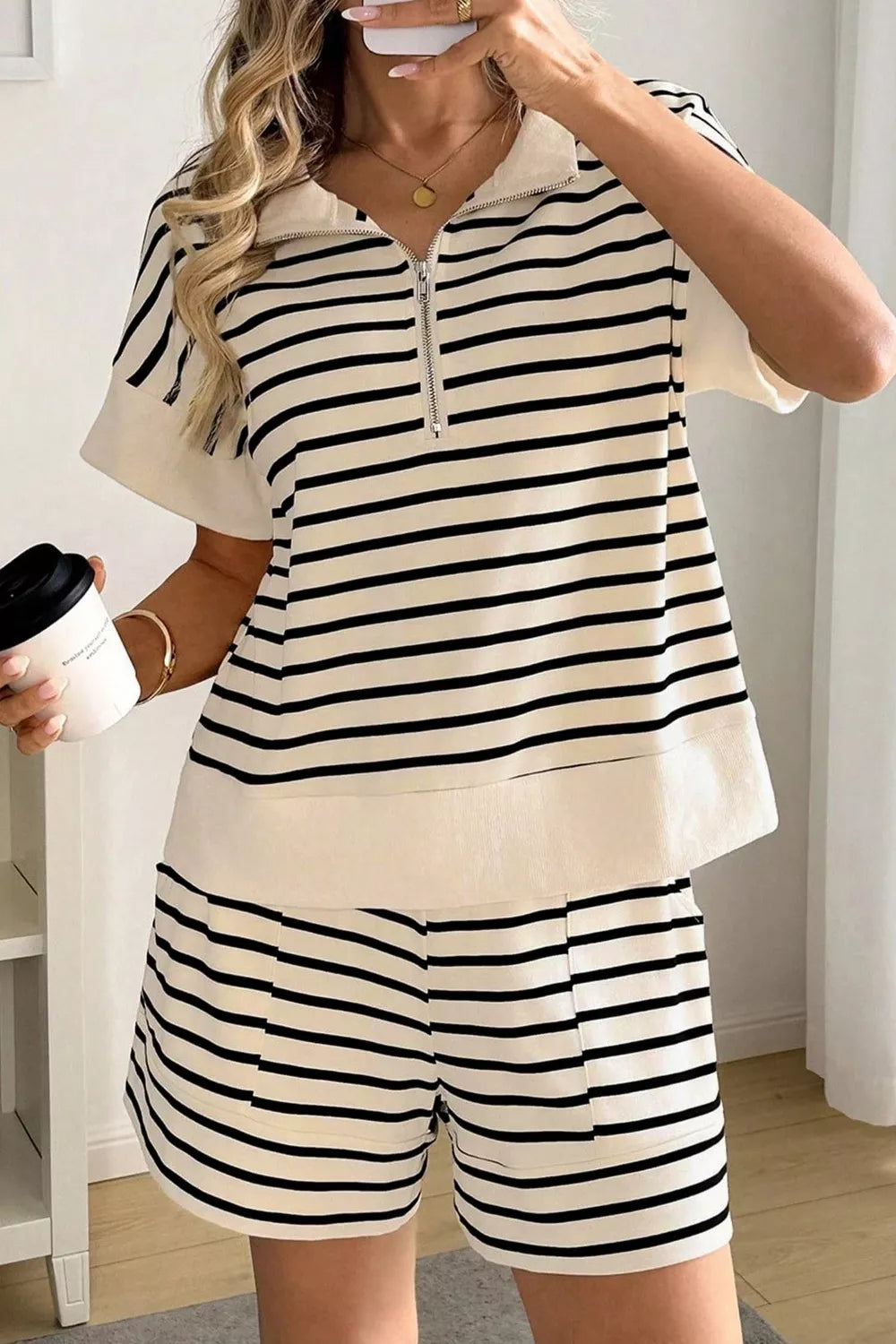 Striped Half Zip Top & Shorts Set
