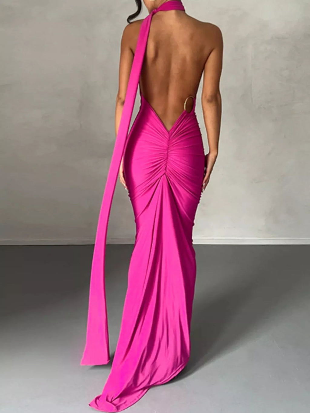 Backless One-Shoulder Ruched Bodycon Maxi Dress