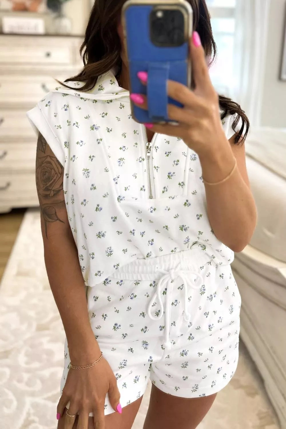 Floral Print Half Zip Top Matching Short Set
