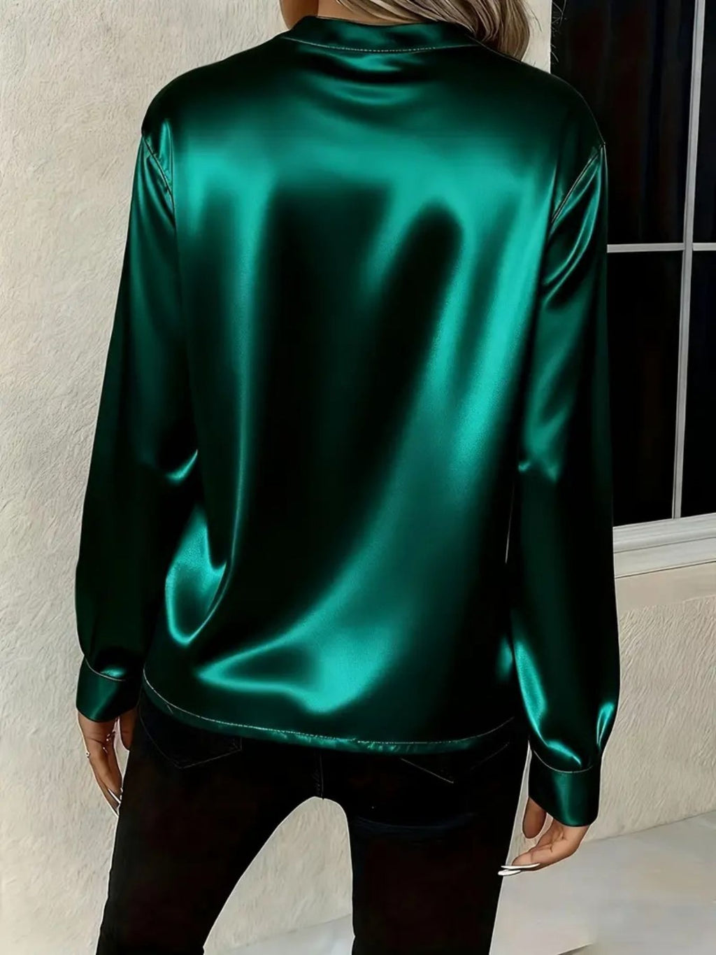 Satin Notched Long Sleeve Blouse