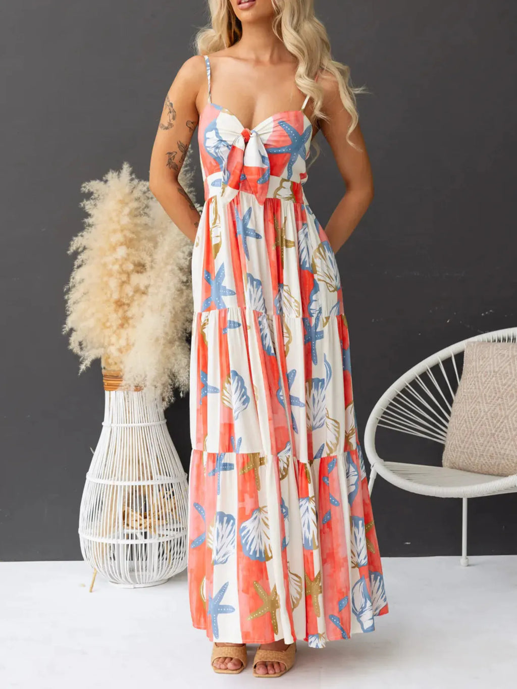 Printed Spaghetti Strap Maxi Dress with Pockets