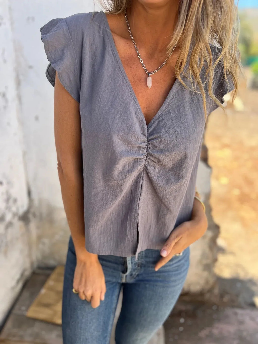 Full Size Ruched V-Neck Cap Sleeve Blouse Plus Size