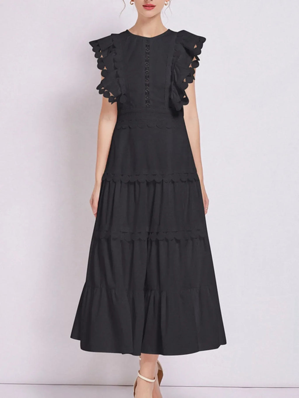Sleeveless Ruffled Tiered Dress with Embroidered Trim