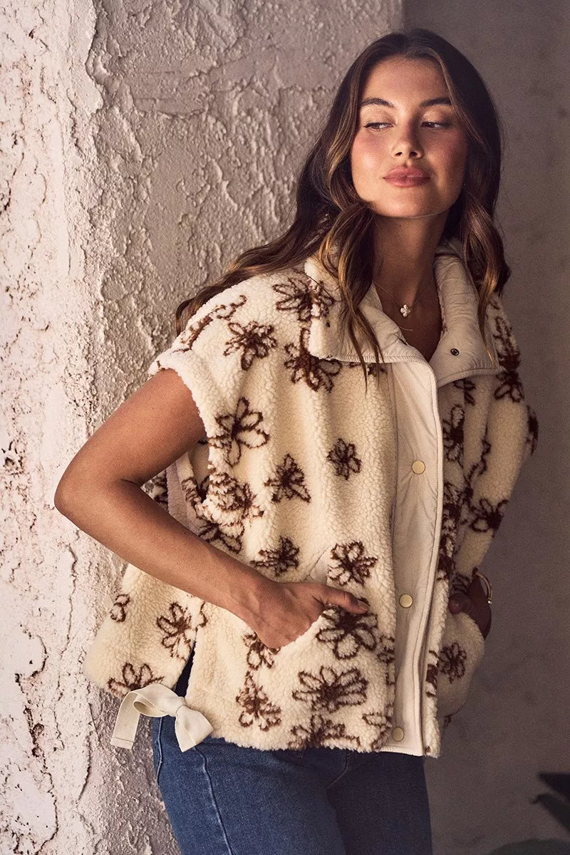 SO ME Flower Sherpa Fur Oversized Sleeveless Vest Jacket