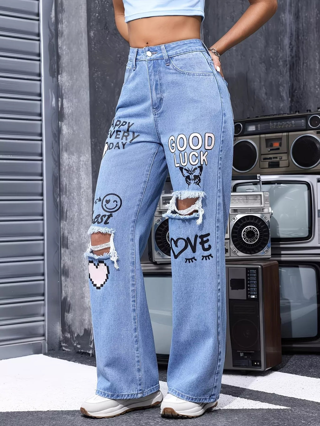 Distressed Printed Wide Leg Jeans