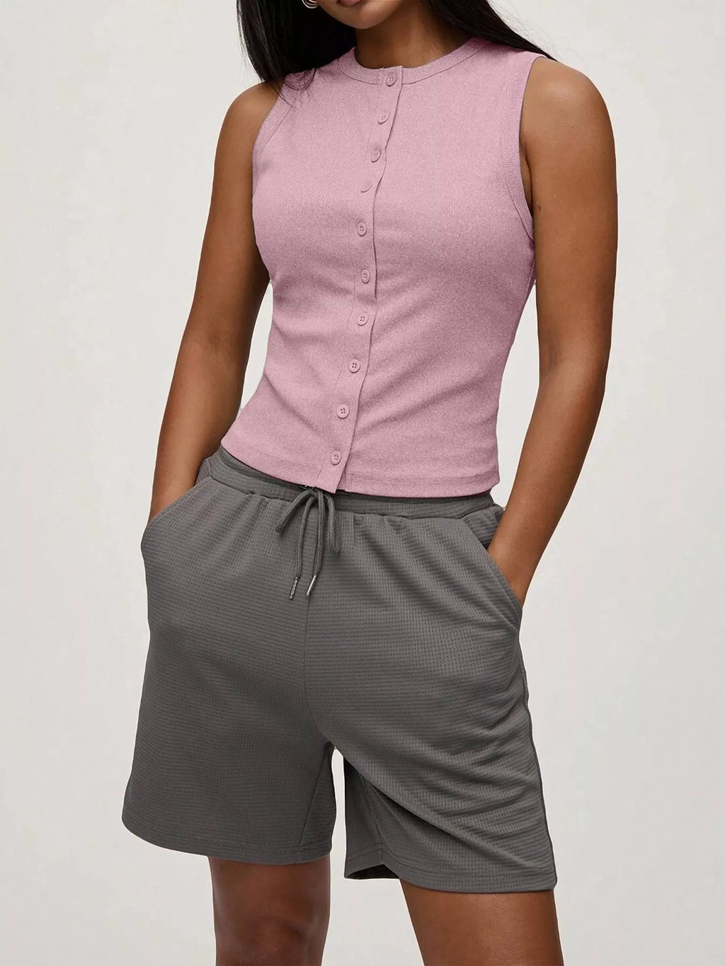 Ribbed Button-Front Sleeveless Tank