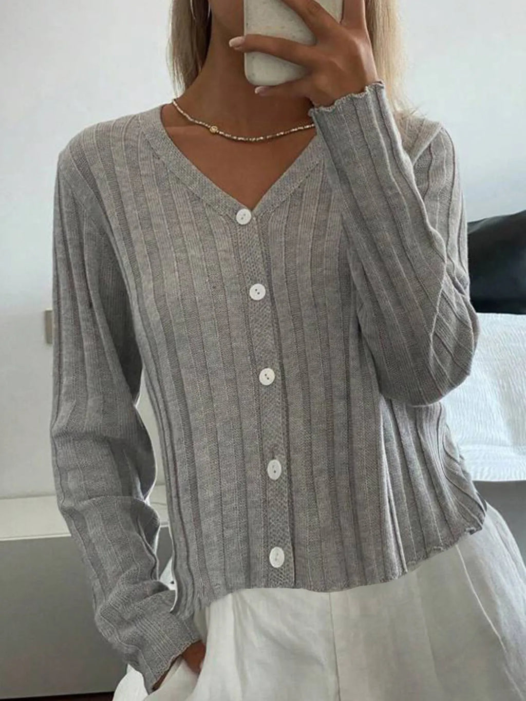 Ribbed Button-Up V-Neck Cardigan