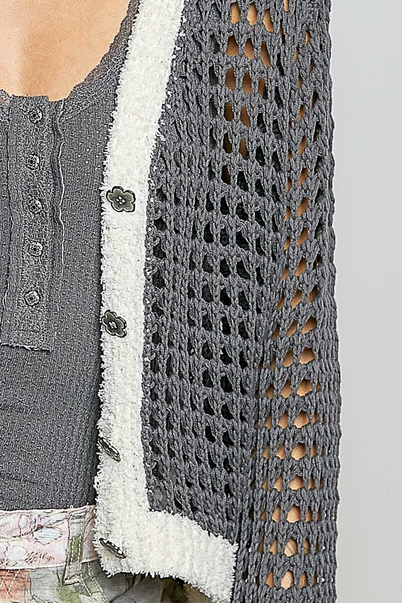 POL Openwork Contrast Cardigan with Floral Metal Button