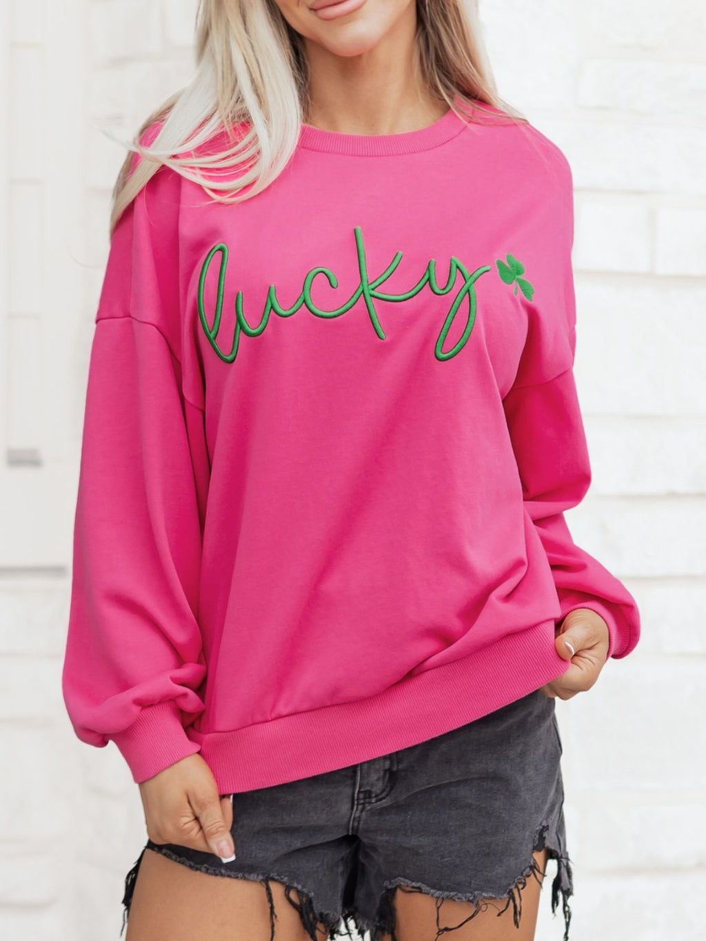Lucky Clover Embroidered Loose Pullover Sweatshirt