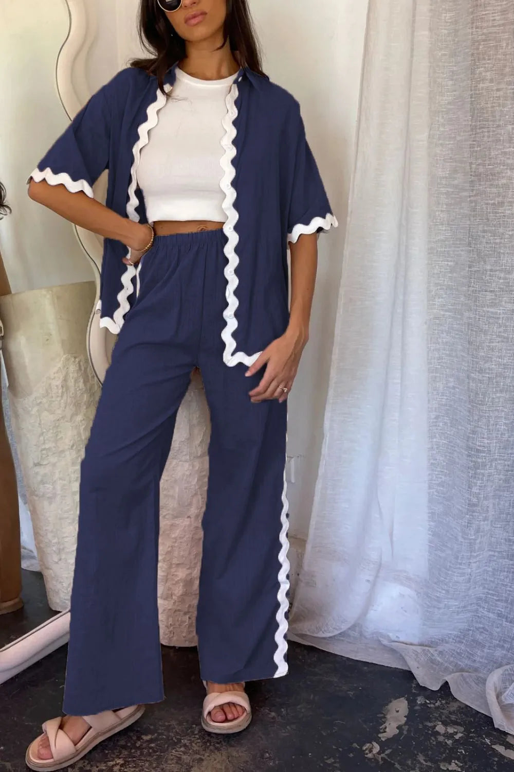 Contrast Trim Half Sleeve Top and Pants Set