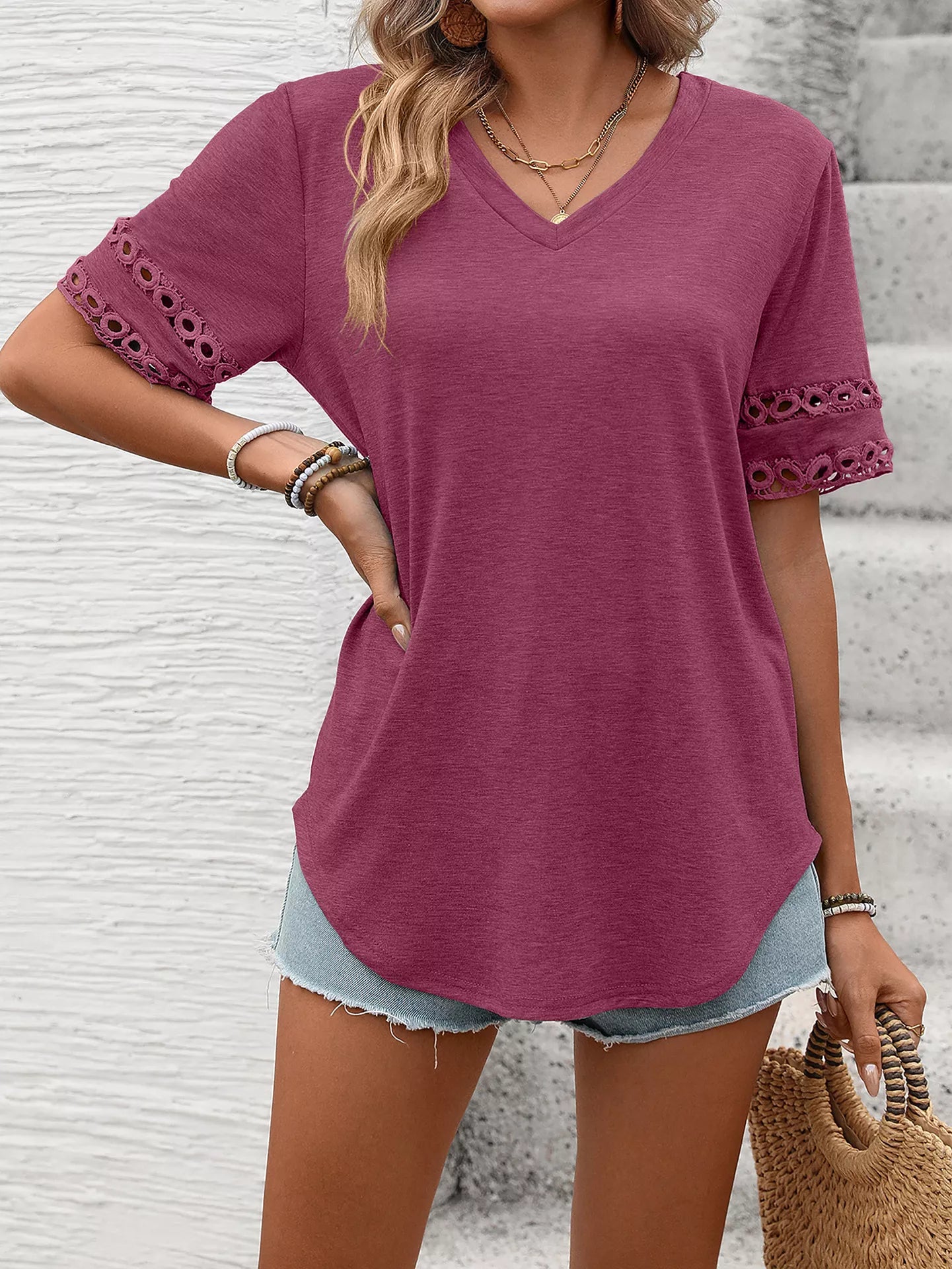 V-Neck Hollow-Out Sleeve T-Shirt