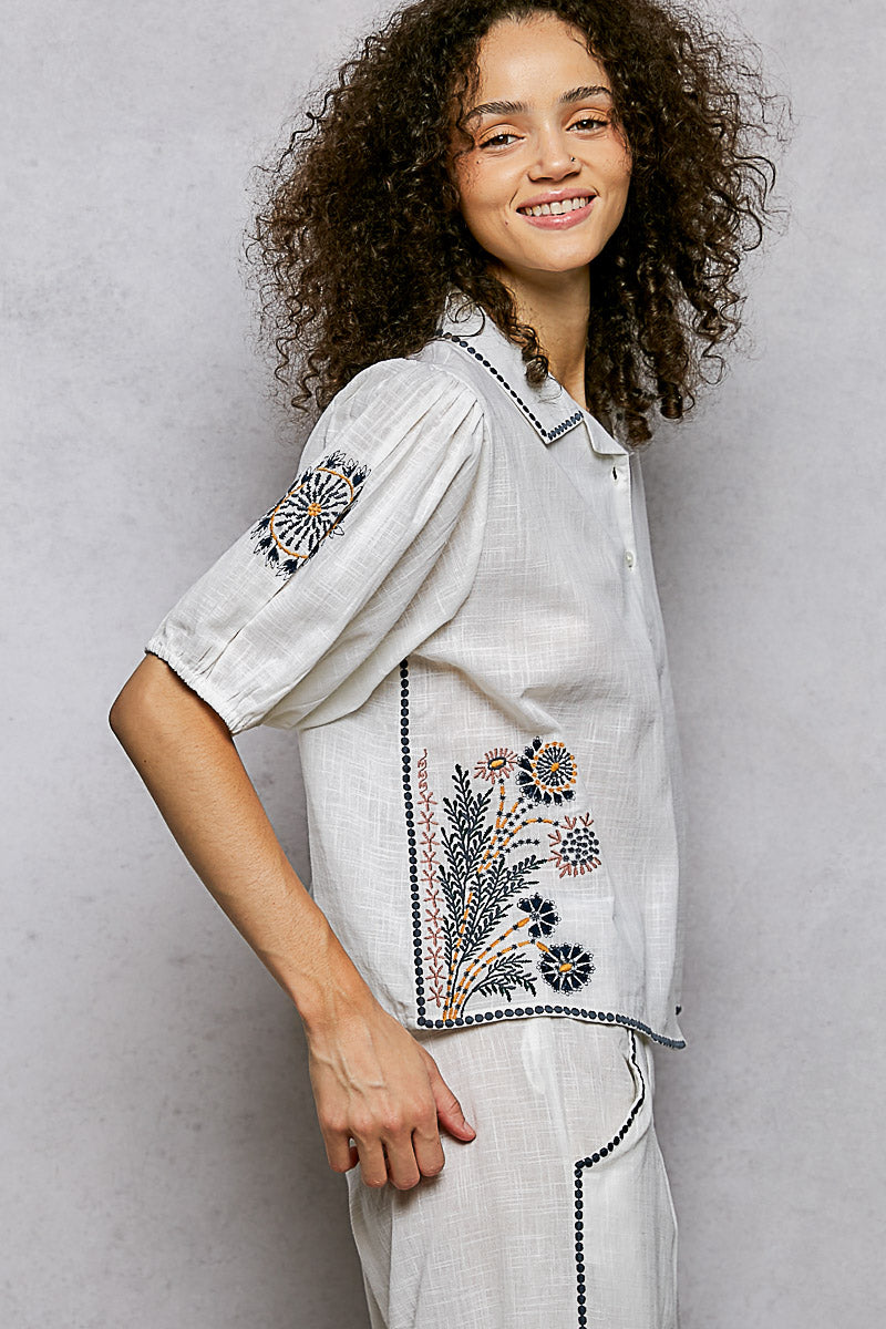 POL Button Down Embroidered Floral Short Sleeve Shirt