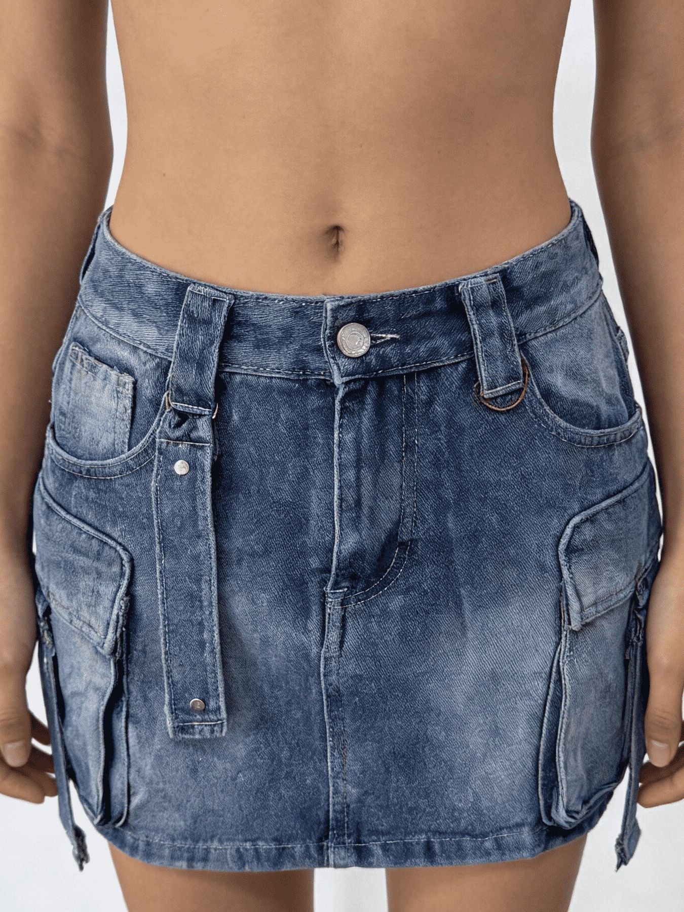 Washed Cargo Denim Skirt