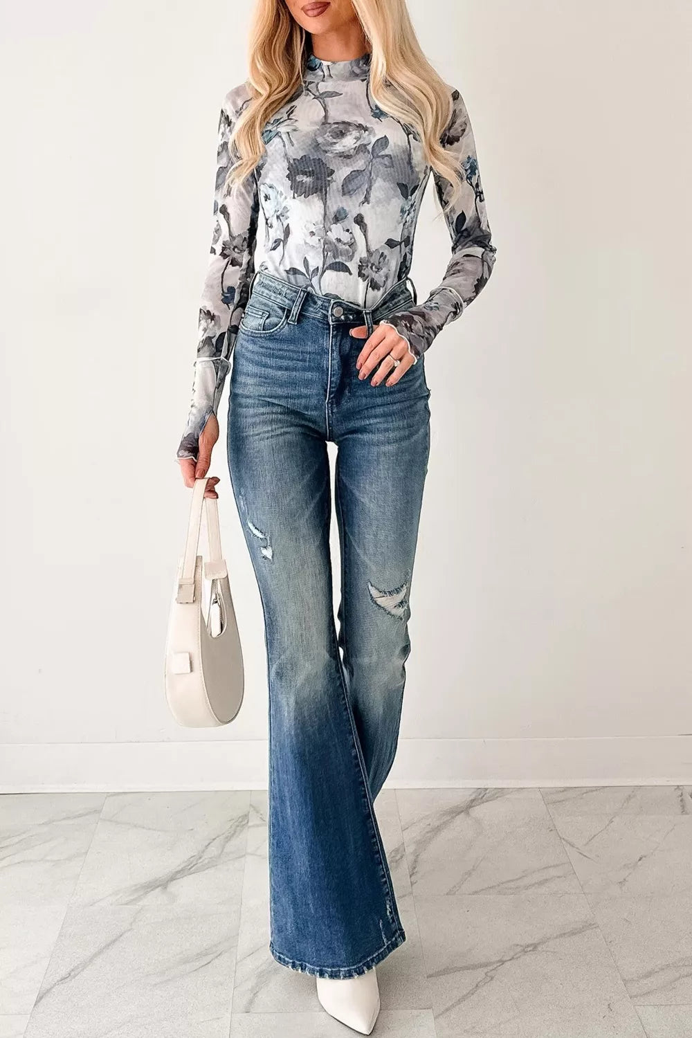 Floral Mesh High Neck Long Sleeve Sheath Top