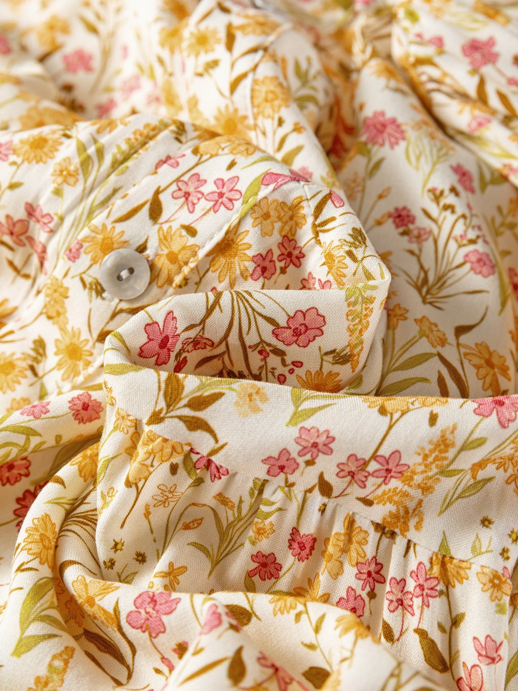 Floral Print Frilly Trim Smocked Cuff Long Sleeve Loose Shirt Dress