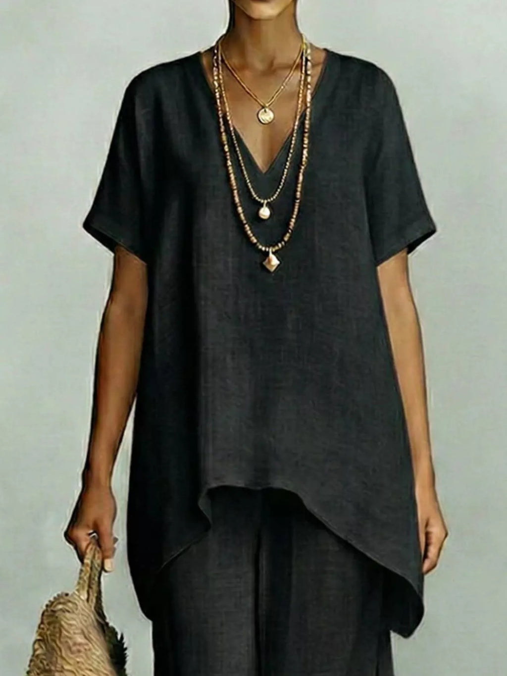 Full Size V-Neck Top and Wide-Leg Pants Set Plus Size