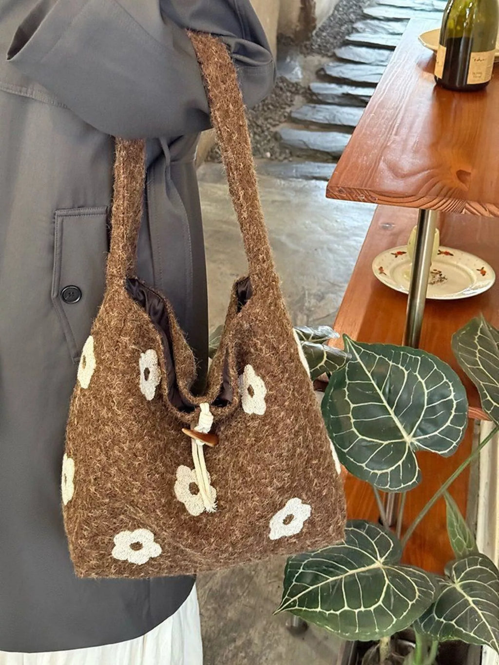 Floral Fuzzy Knit Tote Bag