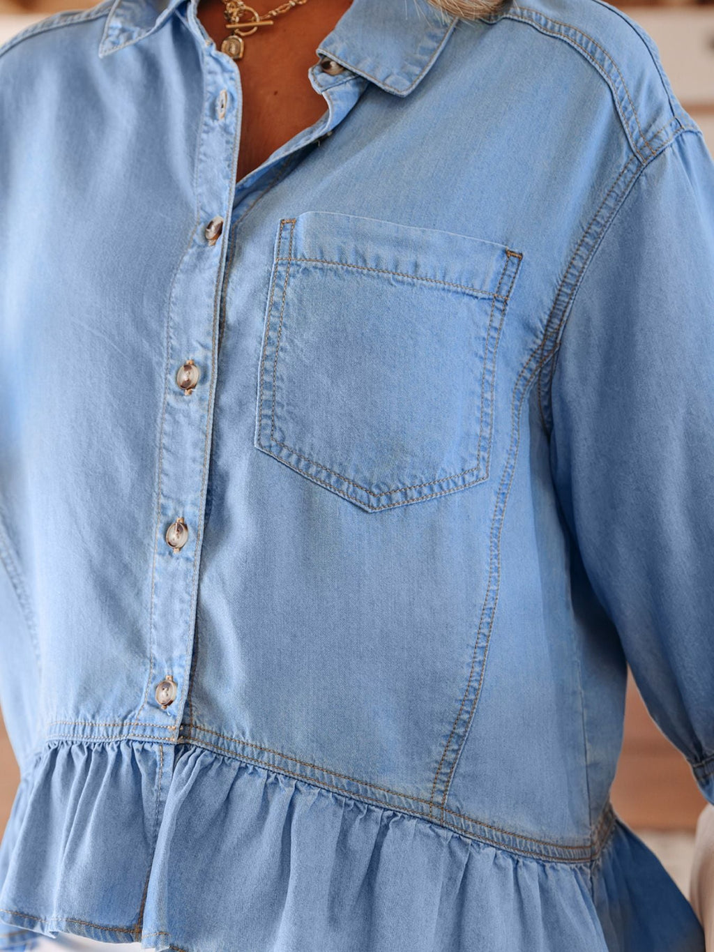 Half Sleeve Button Down Ruffled High Low Chambray Shirt