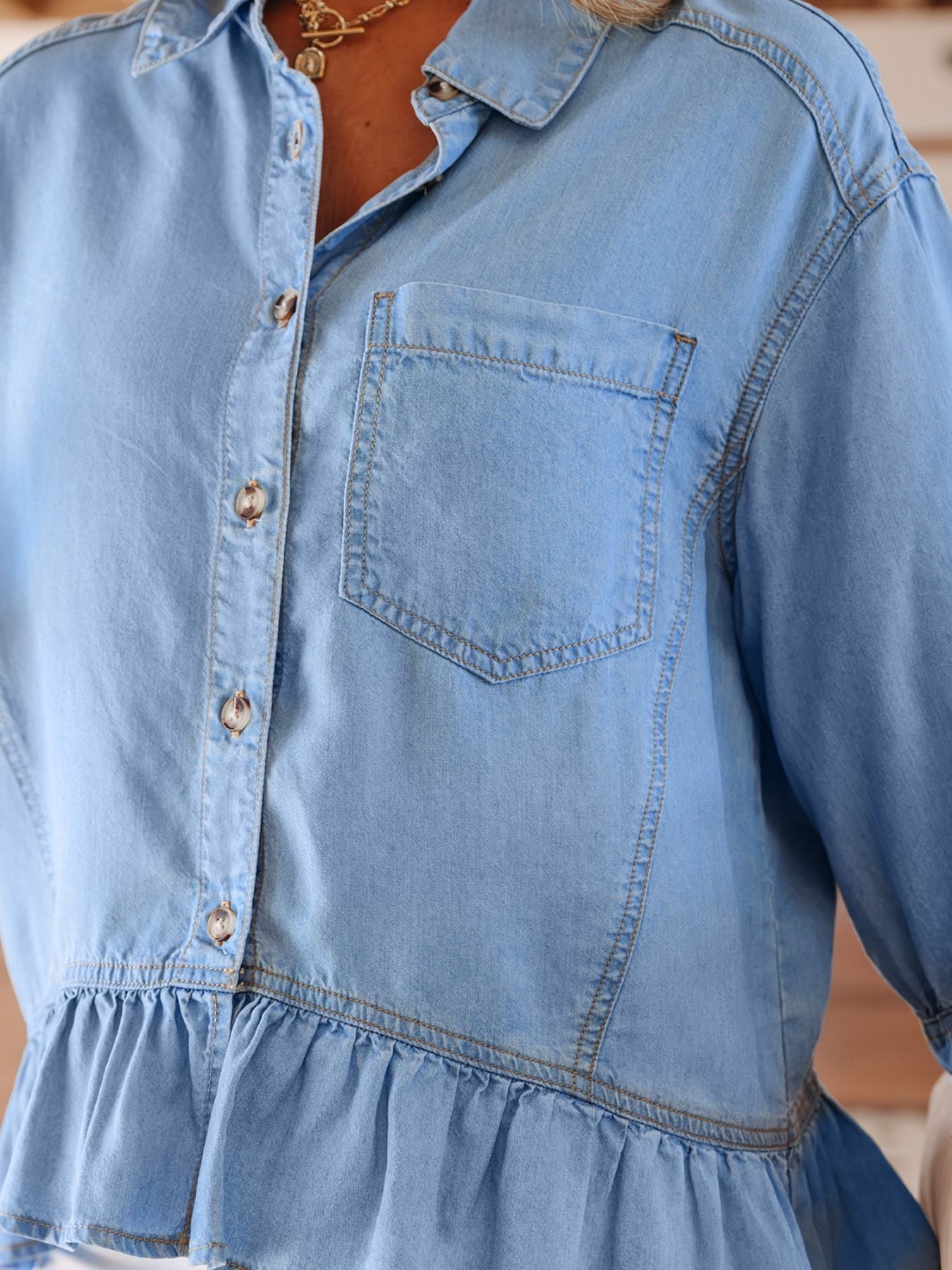 Half Sleeve Button Down Ruffled High Low Chambray Shirt