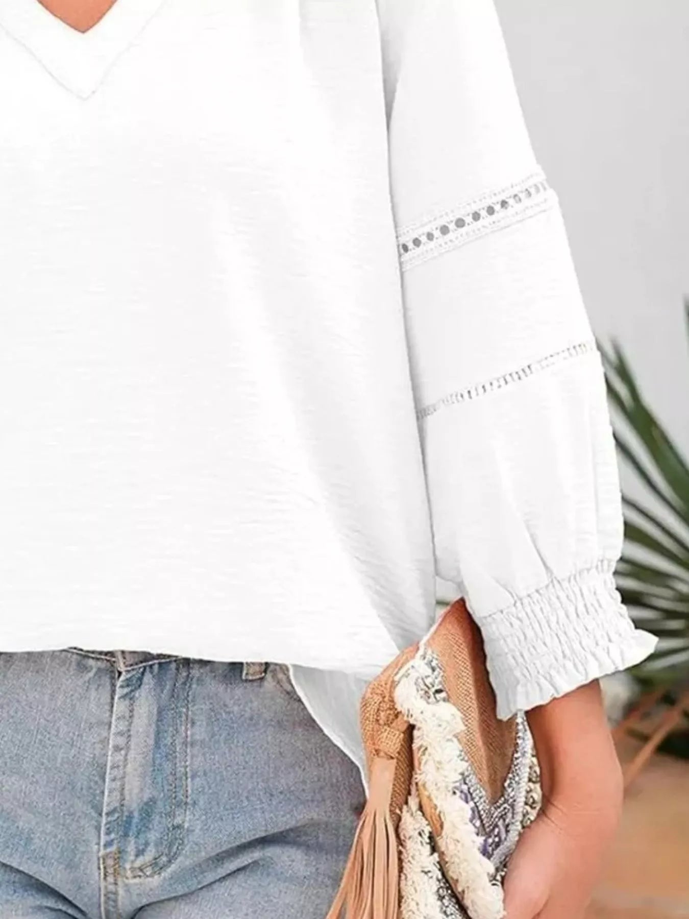 Solid Color Smocked Long Sleeve Blouse
