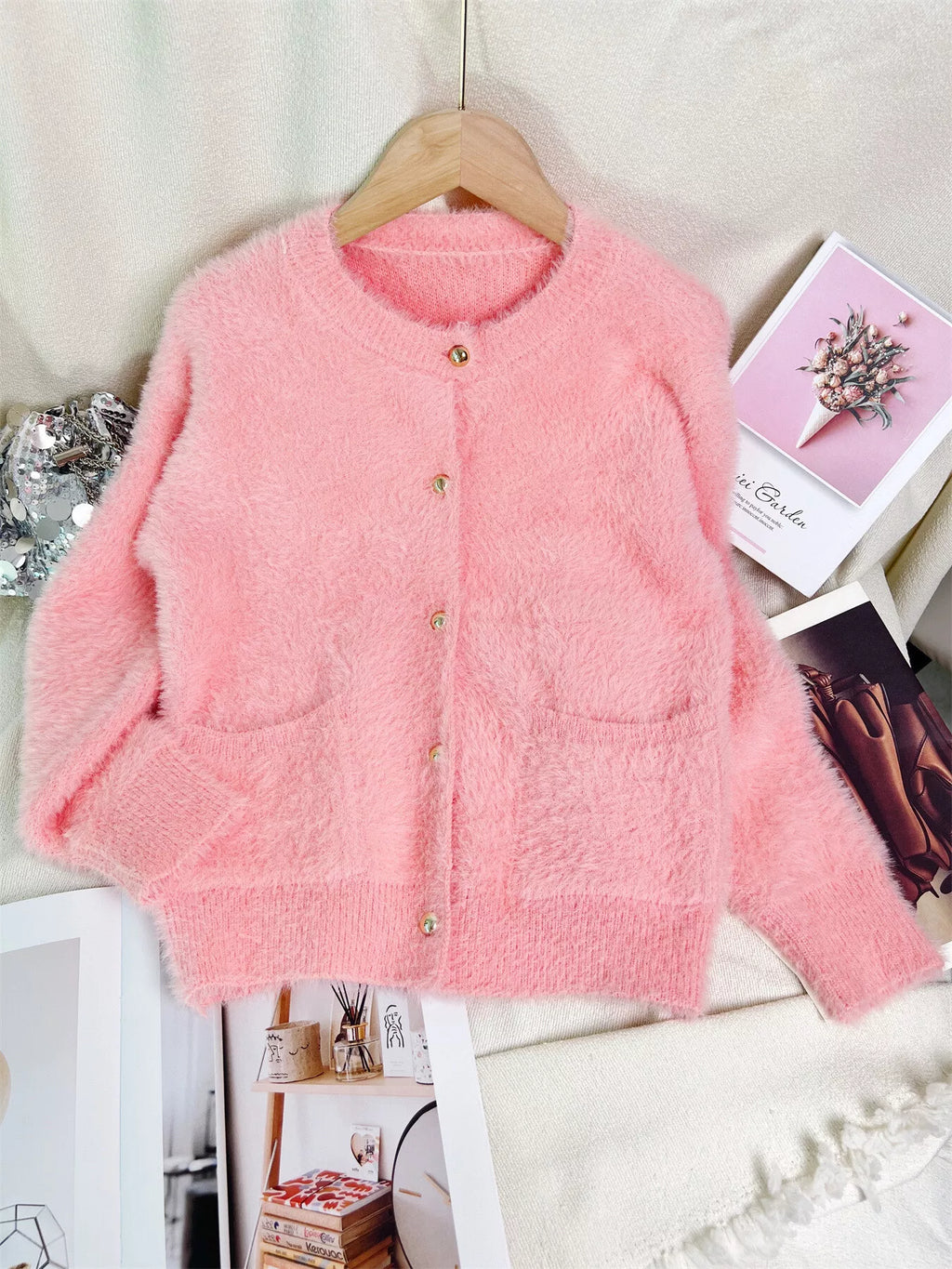 Fluffy Knit Button Up Cardigan
