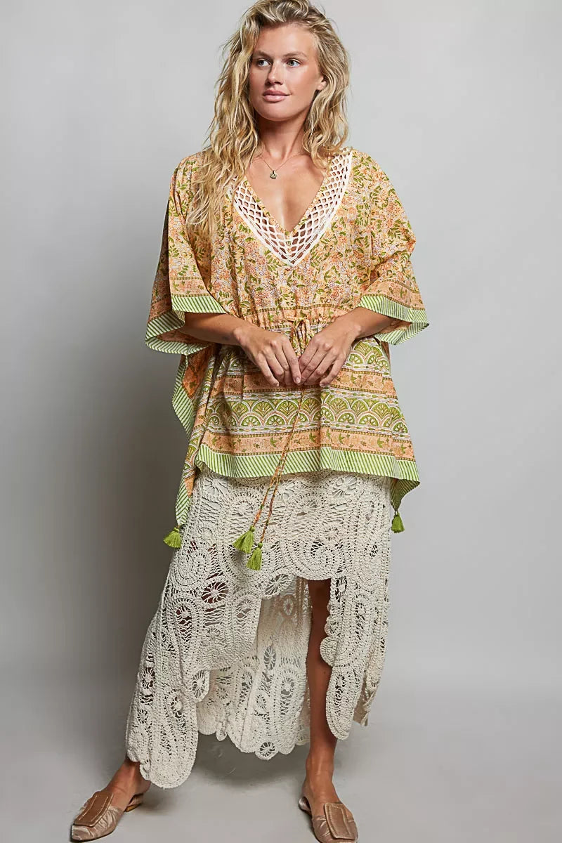 POL Block Print Floral Tie Front Boho Blouse