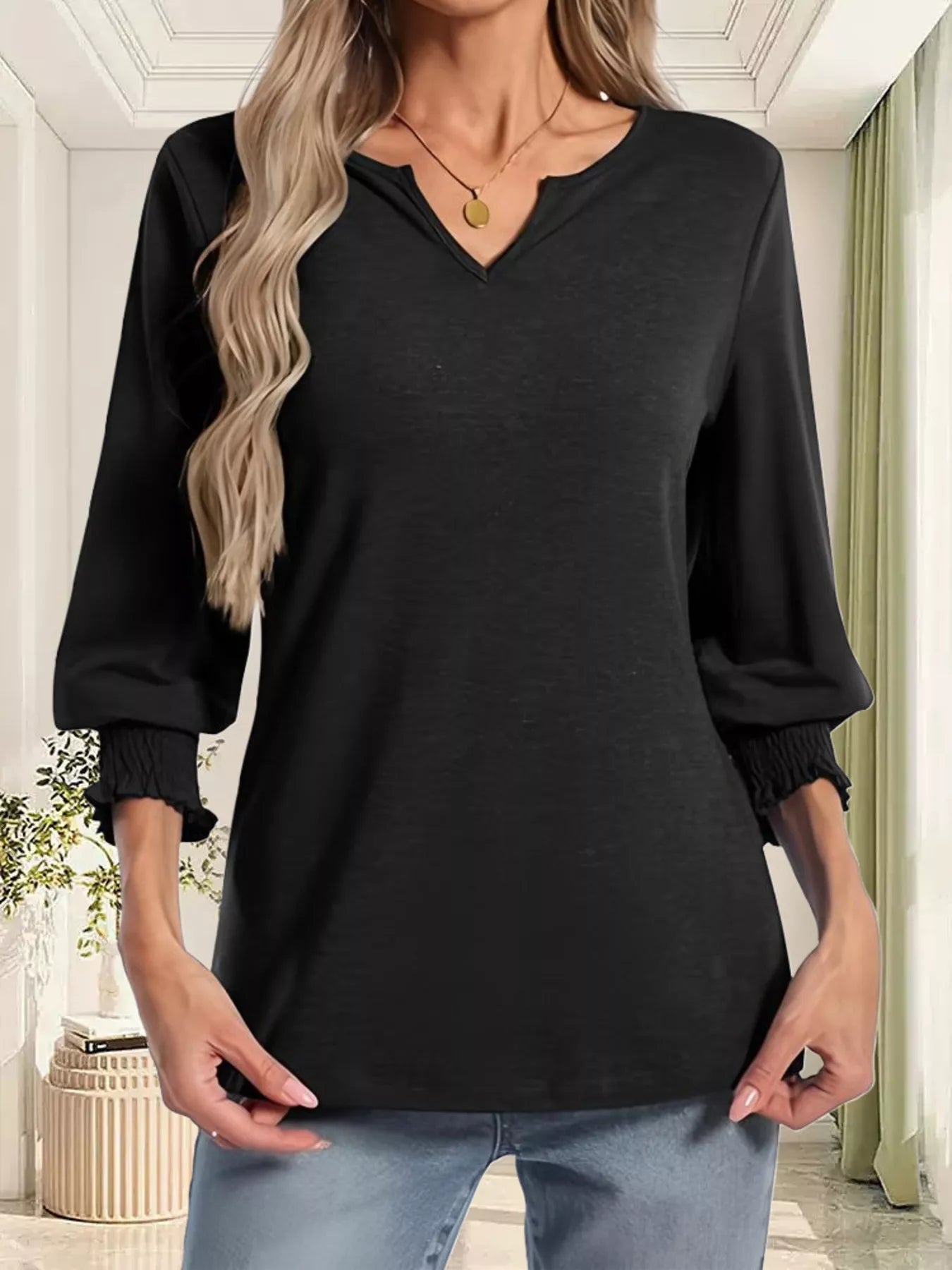 Full Size Notched 3/4 Sleeve Top Plus Size