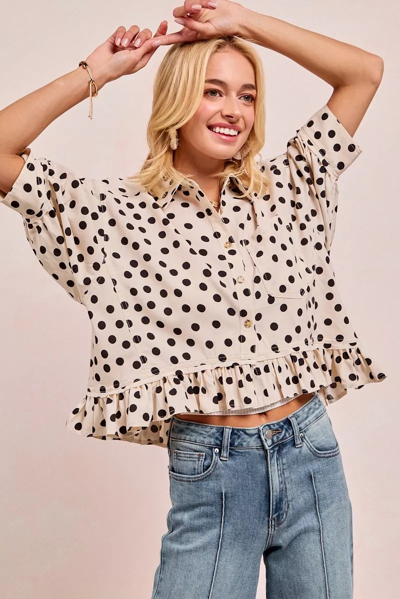 BiBi Polka Dot Printed Peplum Top with Front Button