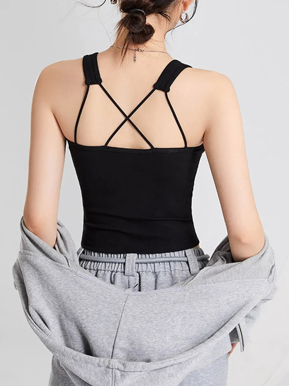 Crisscross Scoop Neck Wide Strap Cropped Tank with Chest Pads