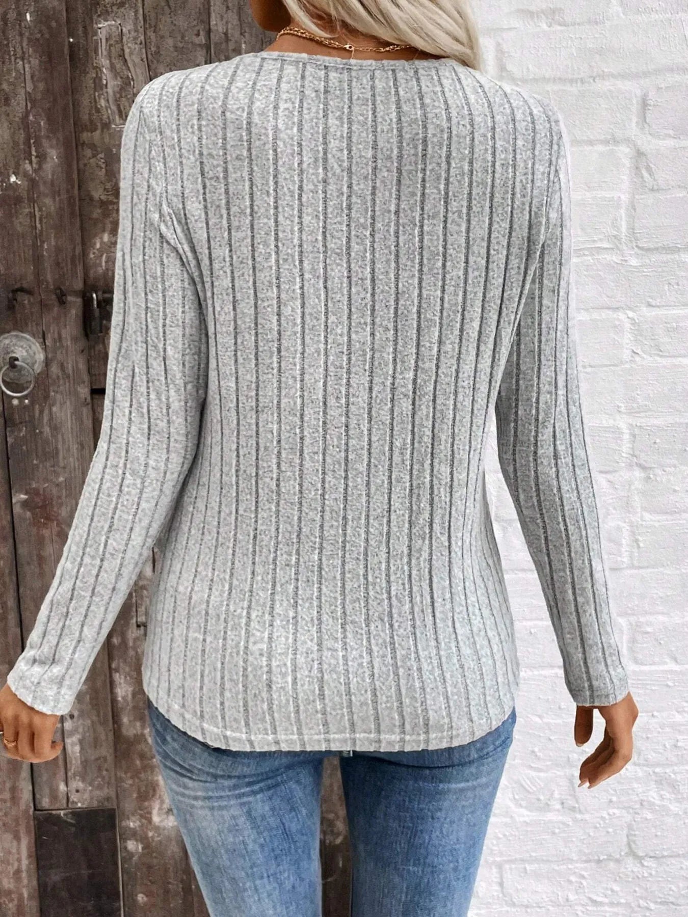 Ribbed V-Neck Long Sleeve Knit T-Shirt