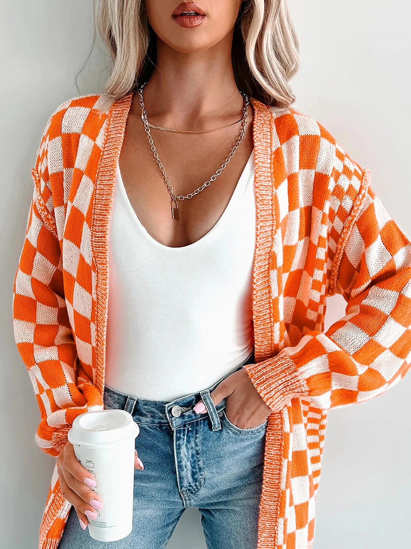 Checkered Pattern Open Front Cardigan