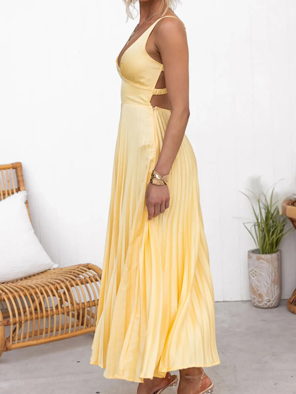 Pleated V-Neck Sleeveless Maxi Dress