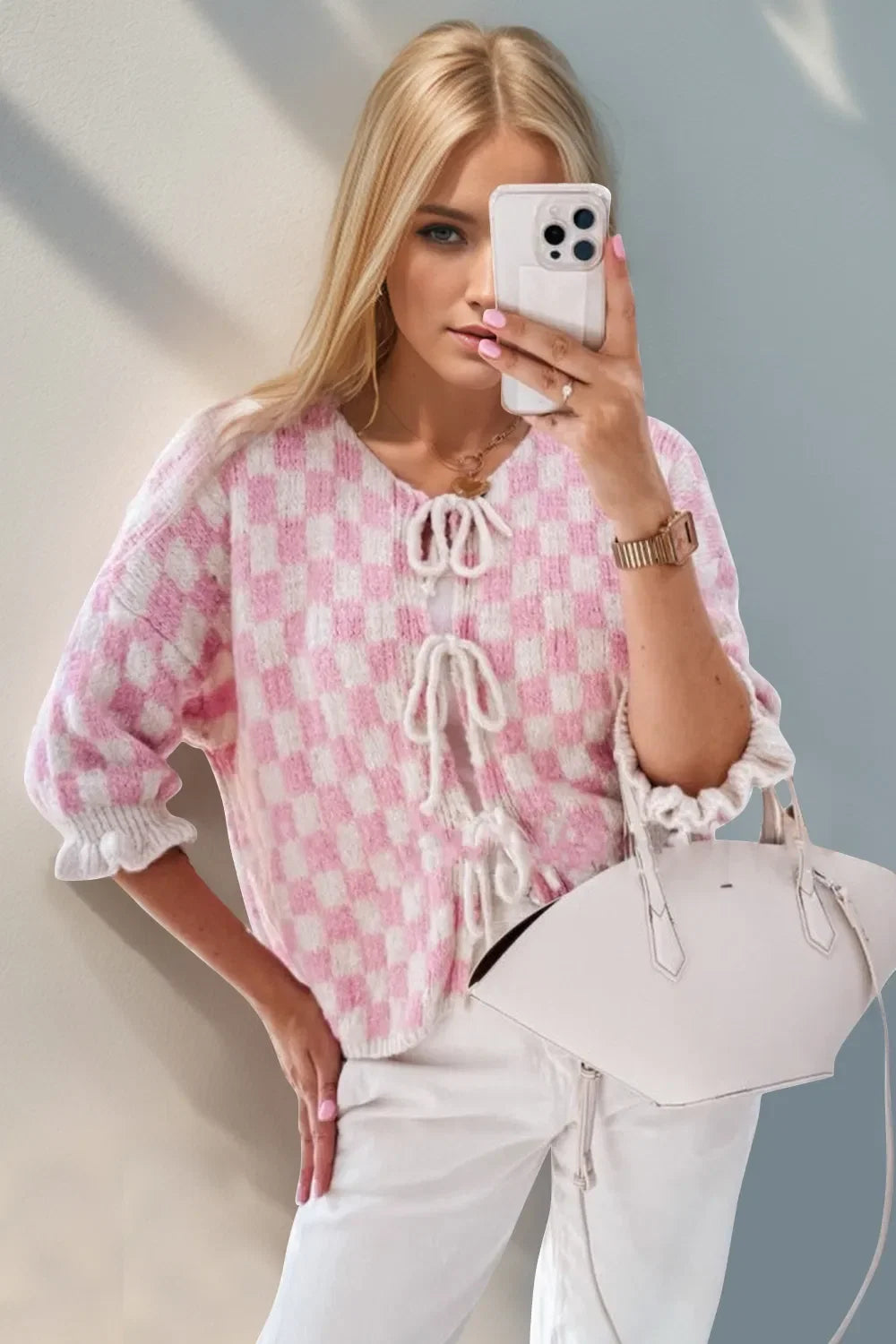 Tied Checkered Dropped Shoulder Flounce Sleeve Cardigan