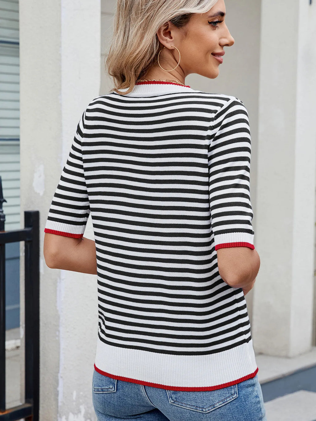 Striped Casual T-Shirt with Contrast Trim