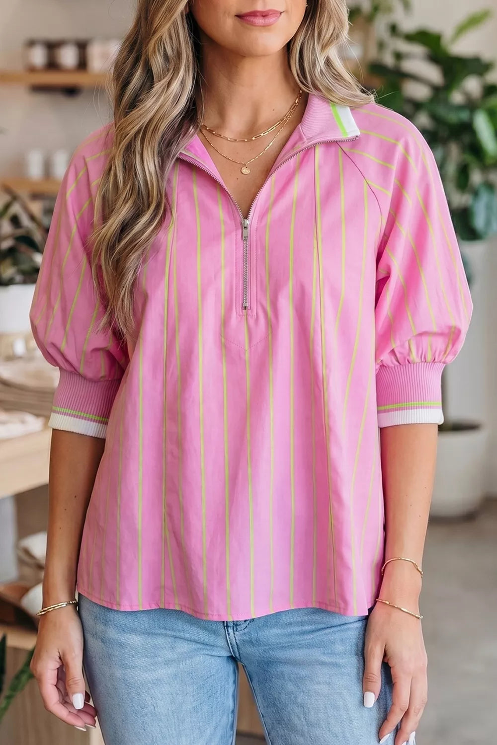 Stripe Striped V-Neck Half Sleeve Zipper Ribbed Cuff Casual Shift Blouse