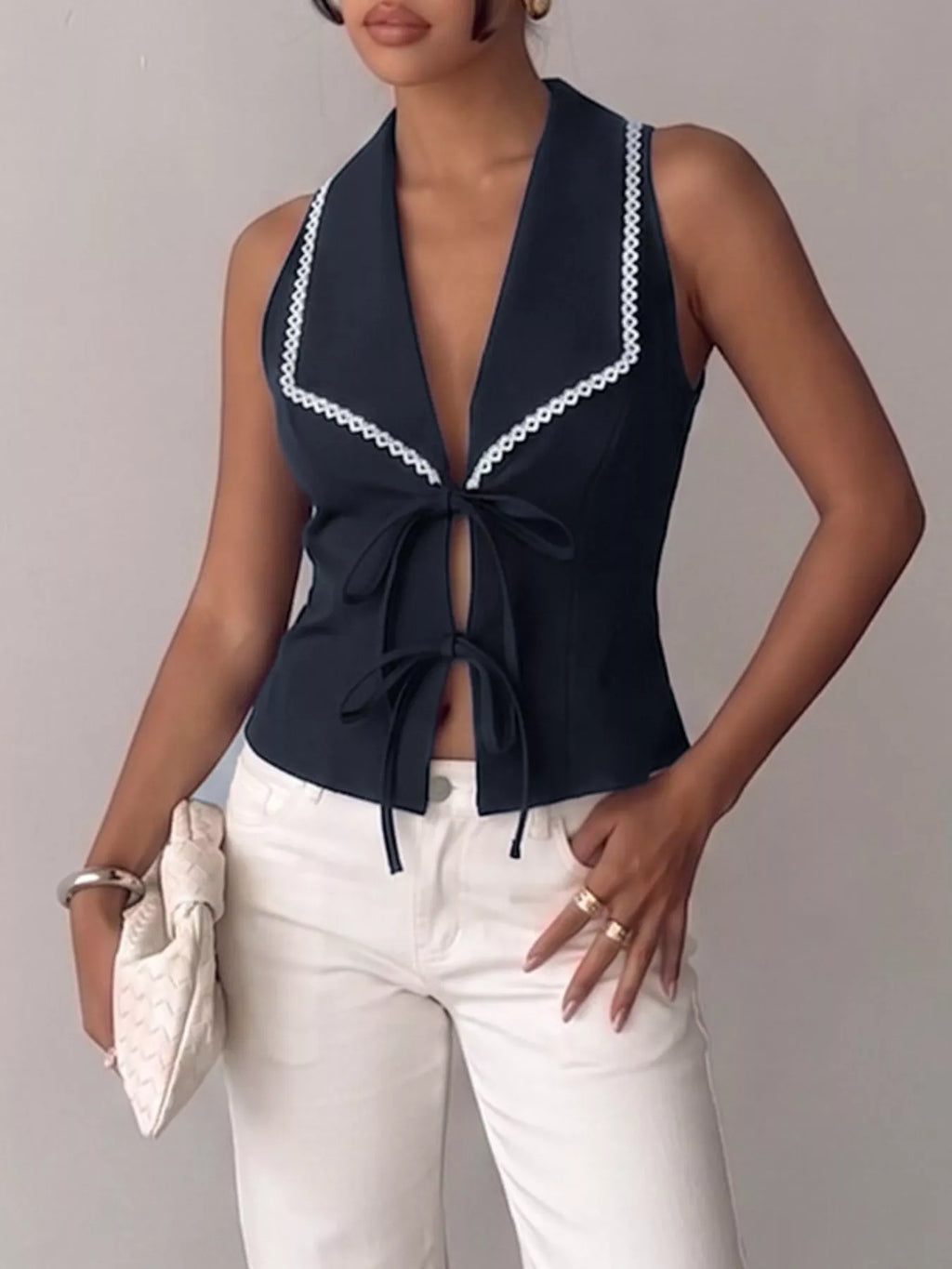 Lace Trim Tie-Front Vest