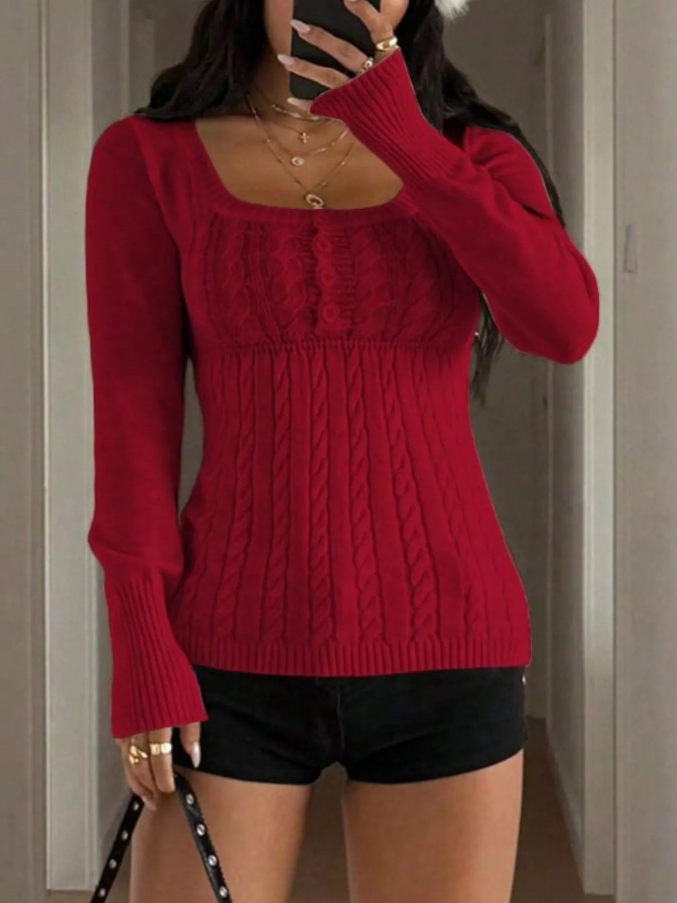 Cable Knit Button-Front Fitted Sweater