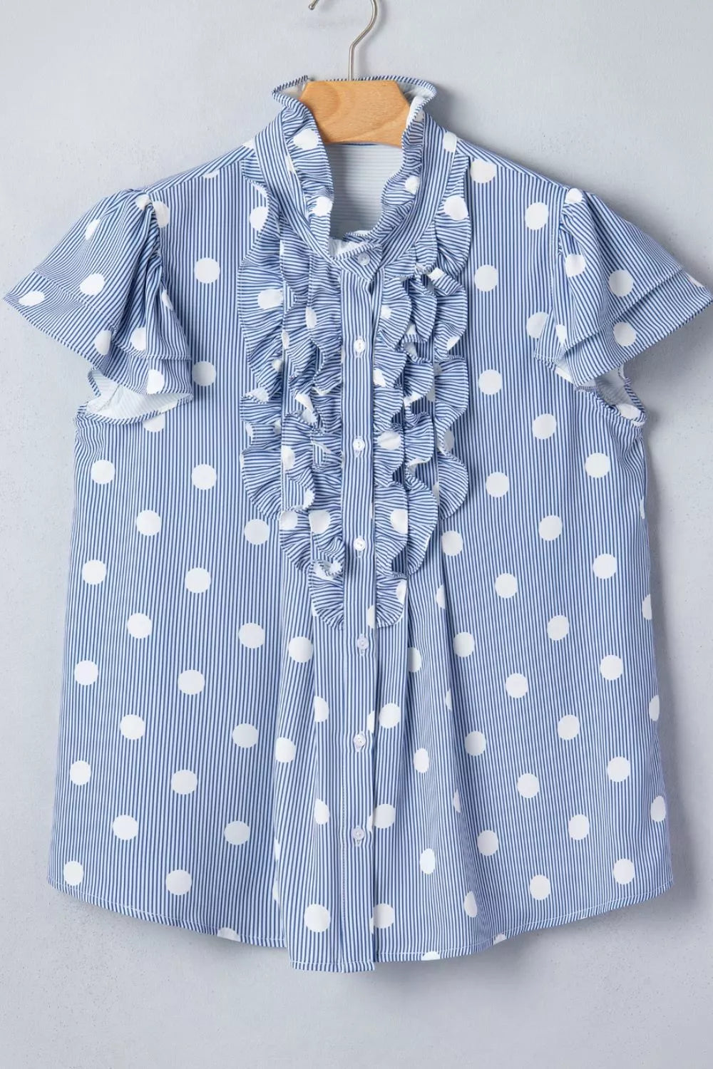 Stripe Contrast Polka Dot Print Pleated Ruffle Sleeve Shirt