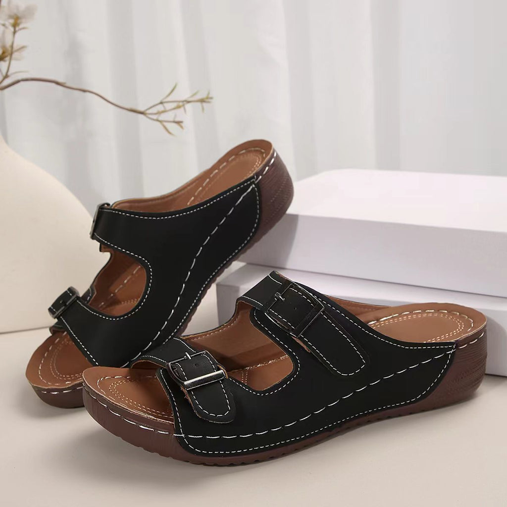 Double Buckle Wedge Sandals