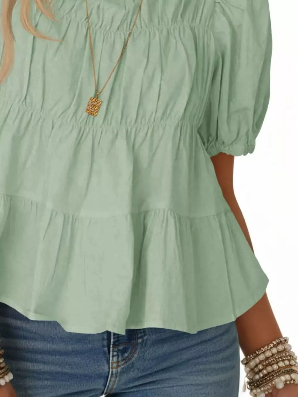 Ruched Tiered Puff Sleeve Blouse