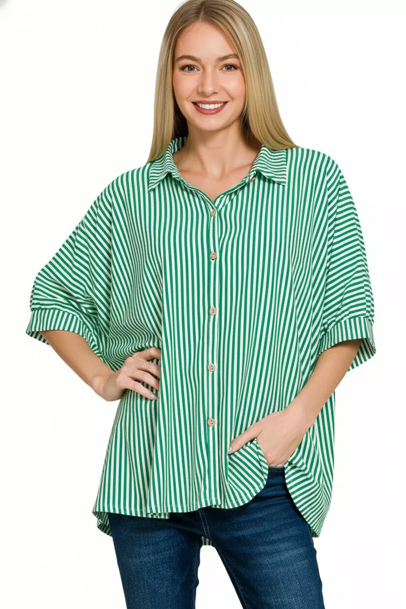 Zenana Oversized Stripe Button Down Shirt