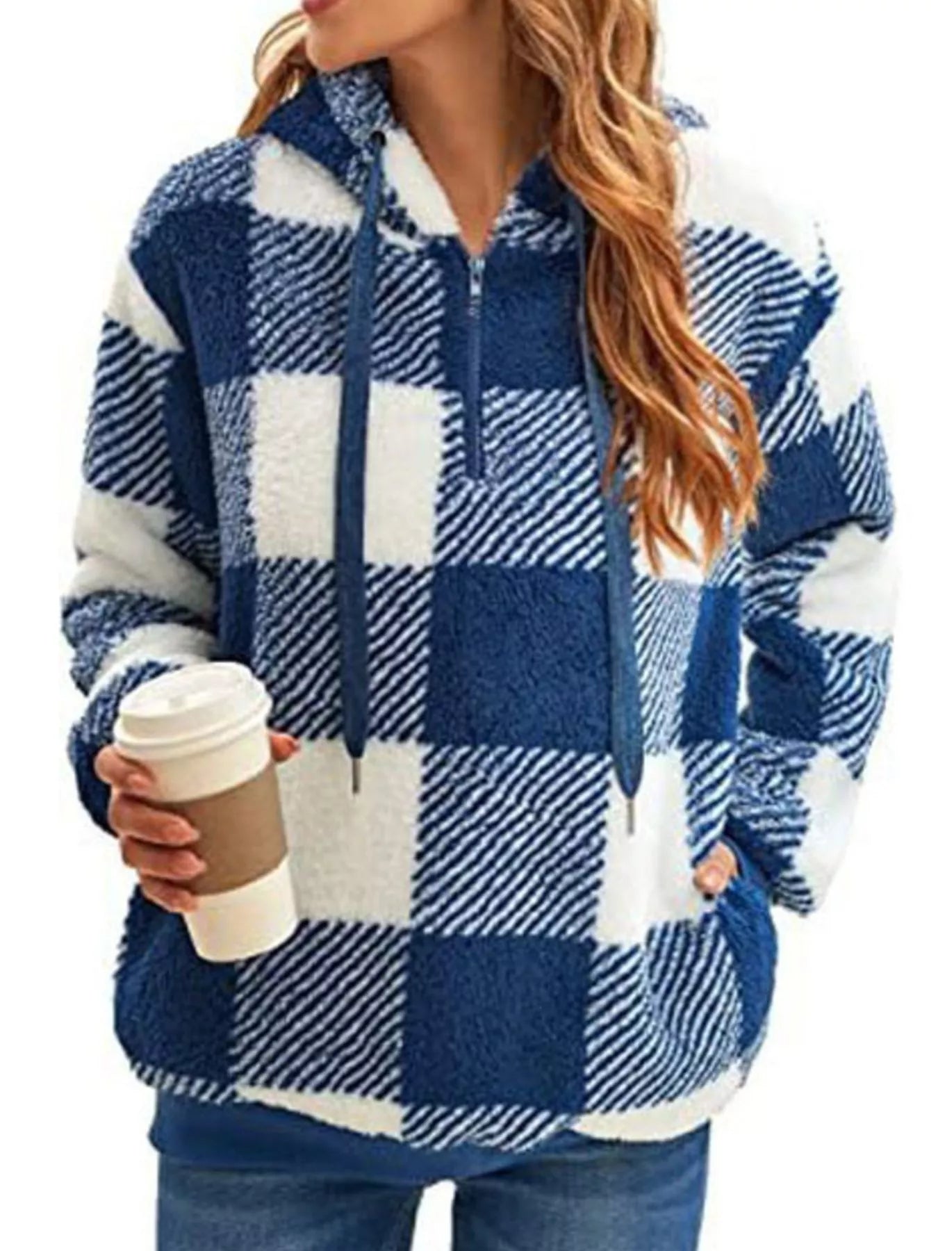 Full Size Plaid Sherpa Drawstring Hoodie Plus Size