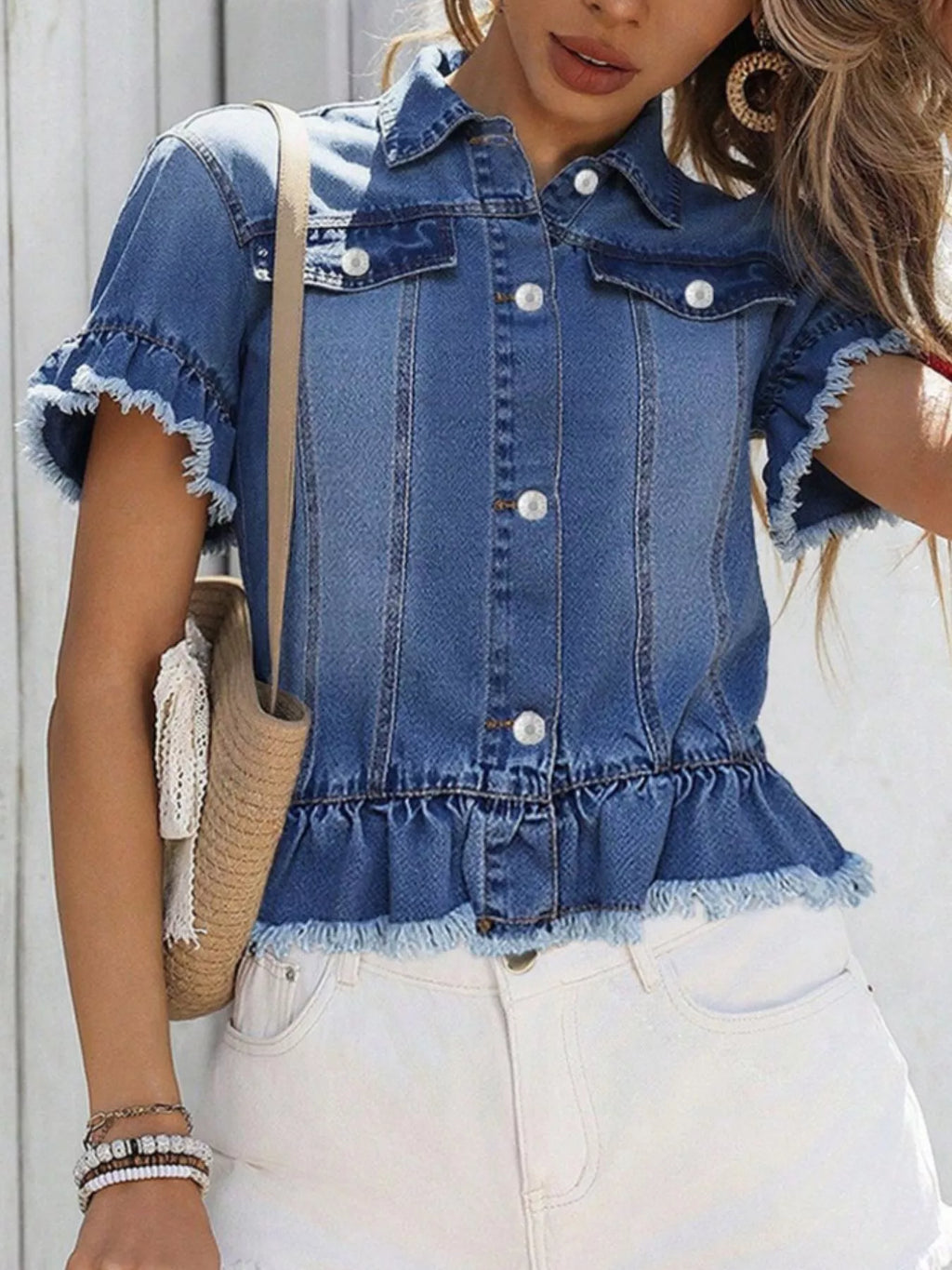 Ruffle Hem Short Sleeve Denim Jacket