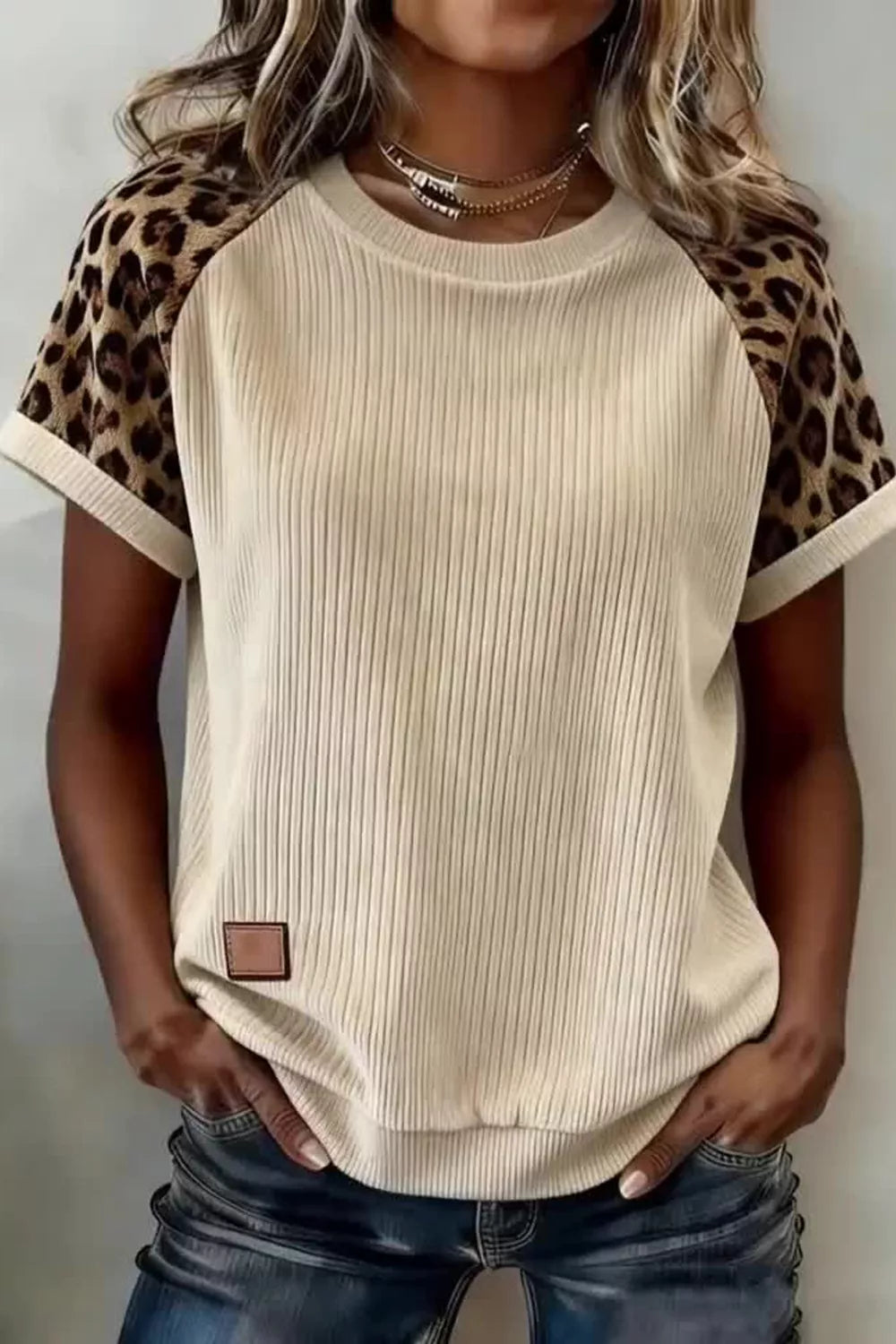 Ribbed Color Block Leopard Contrast Sleeve Loose Tee