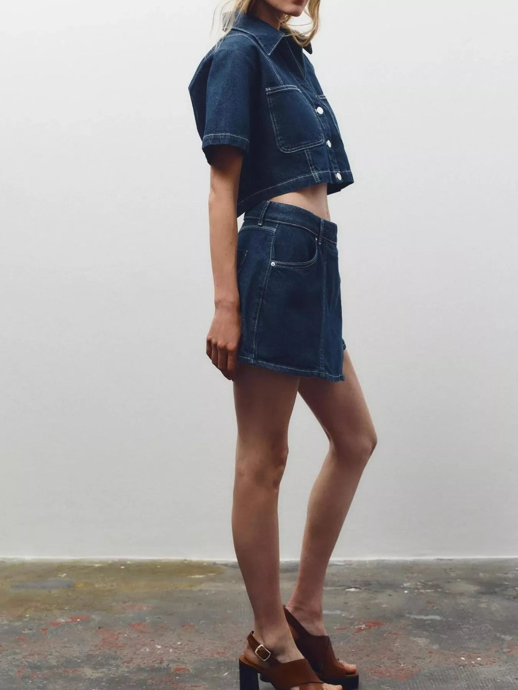 Button Up Short Sleeve Top and Skort Denim Set