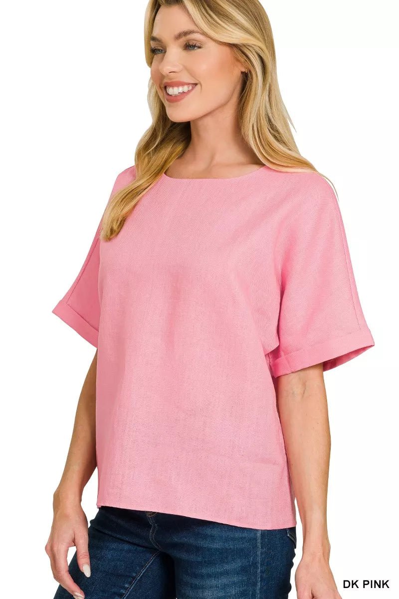 Zenana Linen Round Neck Cuffed Sleeve Top