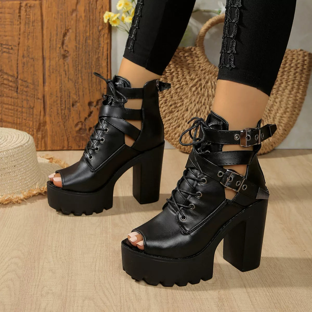 Lace Up Block Heels Sandals