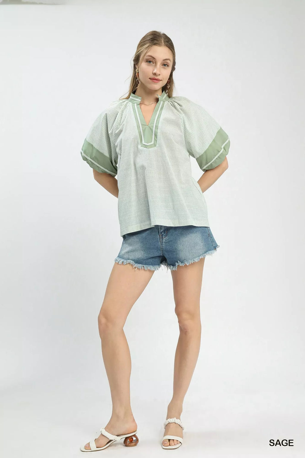 Umgee Striped Mixed Puff Sleeve Blouse